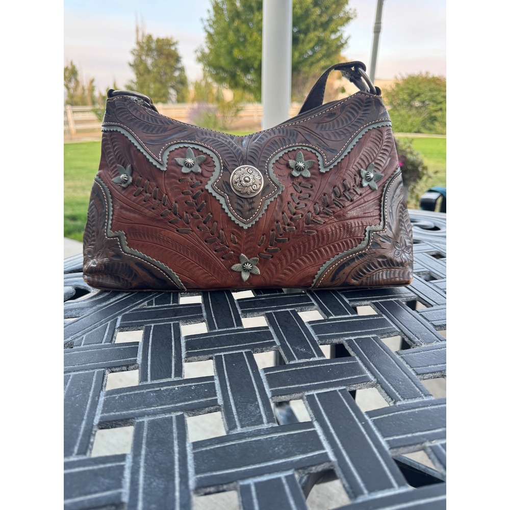 American West Tooled Leather Western Shoulder Bag Brown Concho Floral Handbag